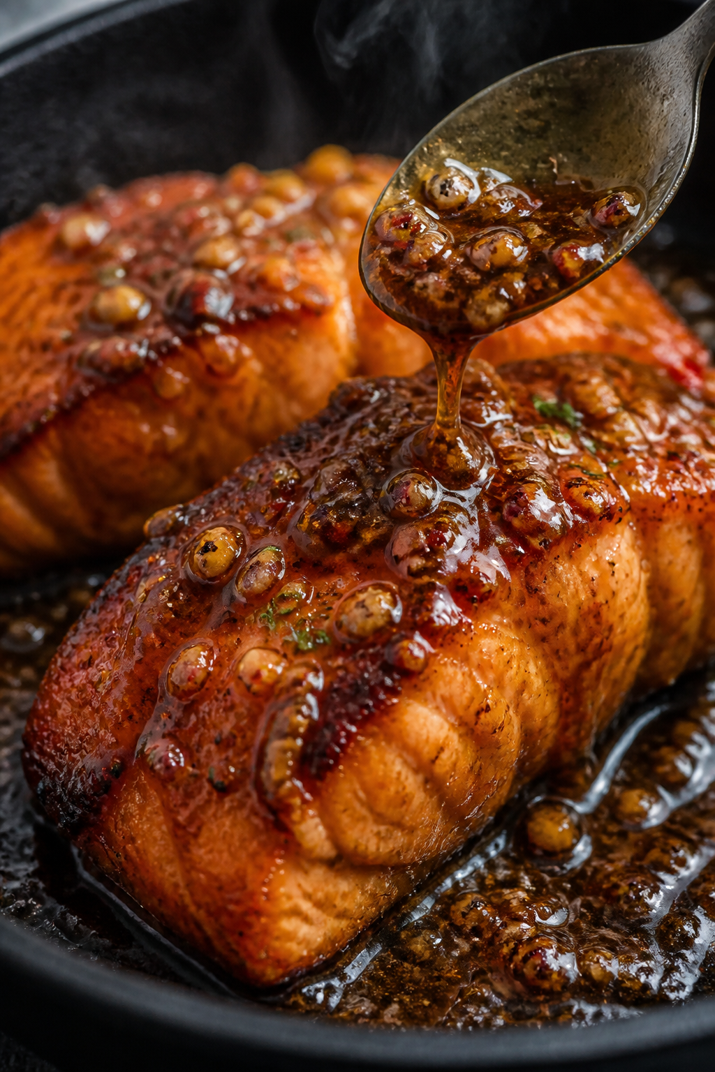 Close-up detail shot of caramelized brown sugar–garlic glazed salmon just out of the oven in a cas