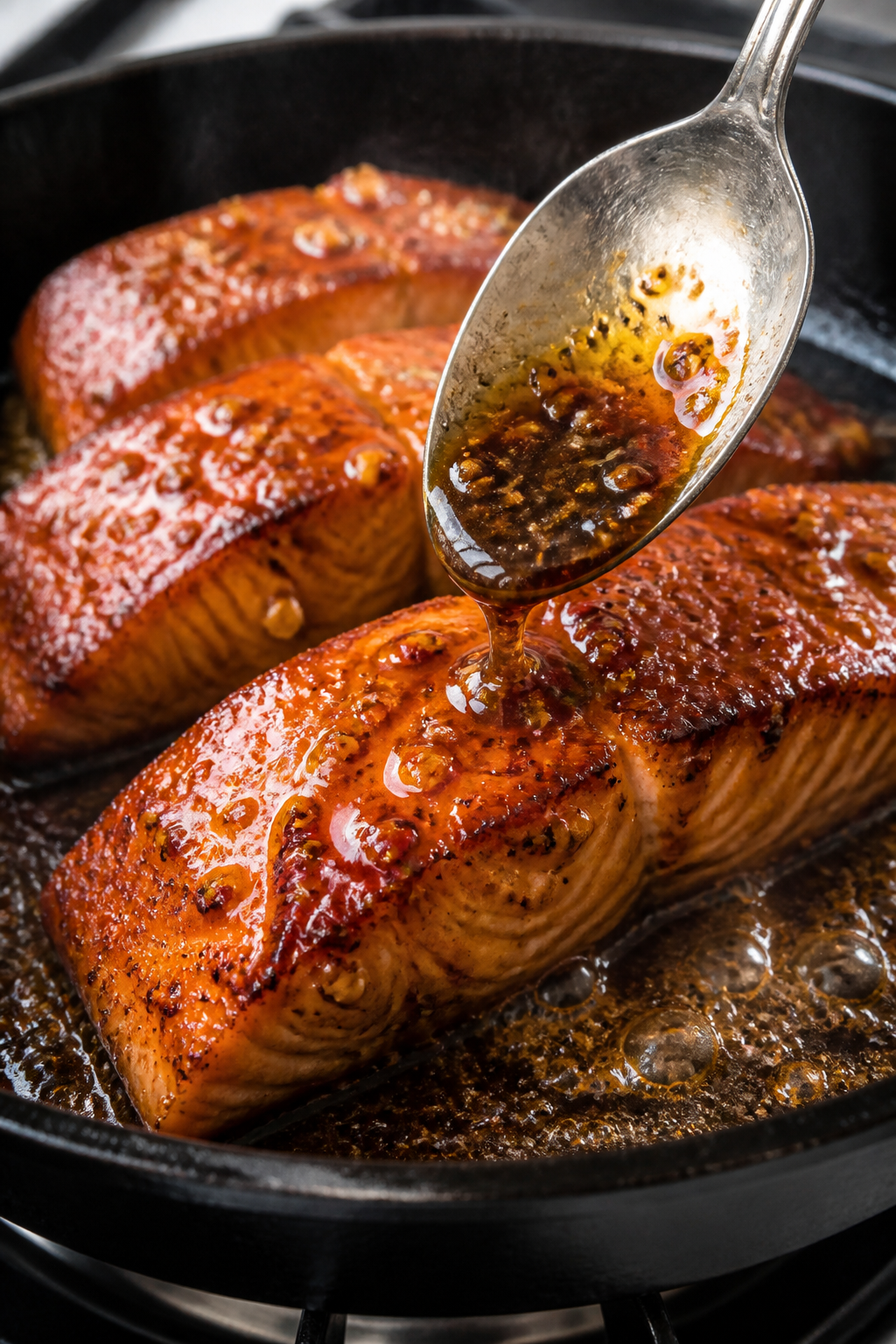 Close-up detail shot of seared salmon fillets in a heavy cast-iron skillet during the sauce step: ca