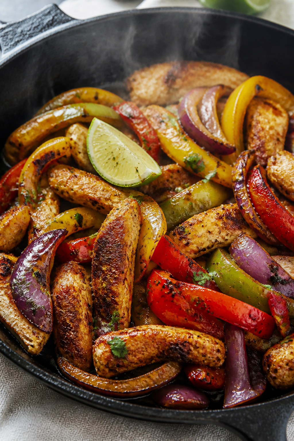 Close-up detail shot of sizzling fajita chicken and peppers in a cast-iron skillet mid-cook, showing