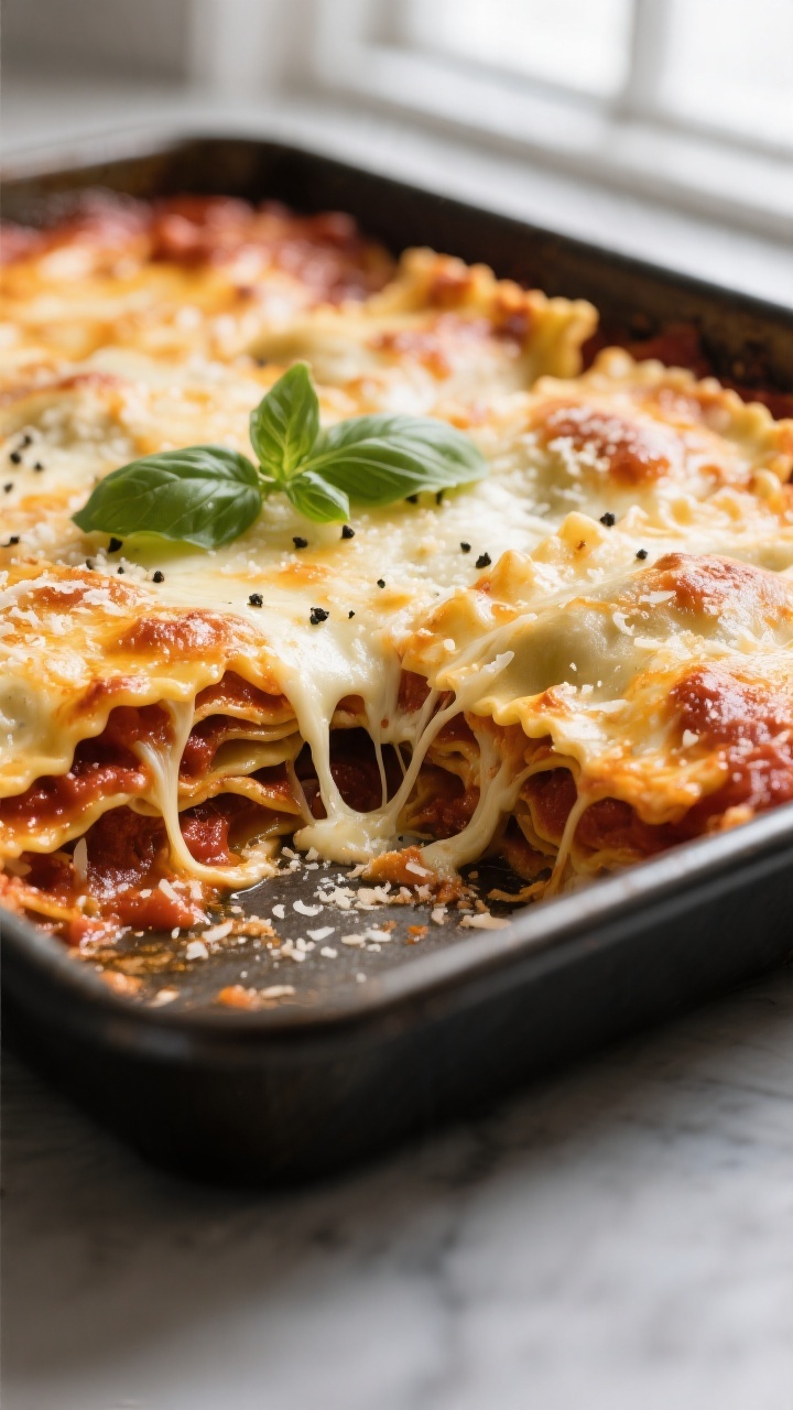 Close-up detail shot of the baked ravioli casserole just out of the oven, cheese fully melted and li