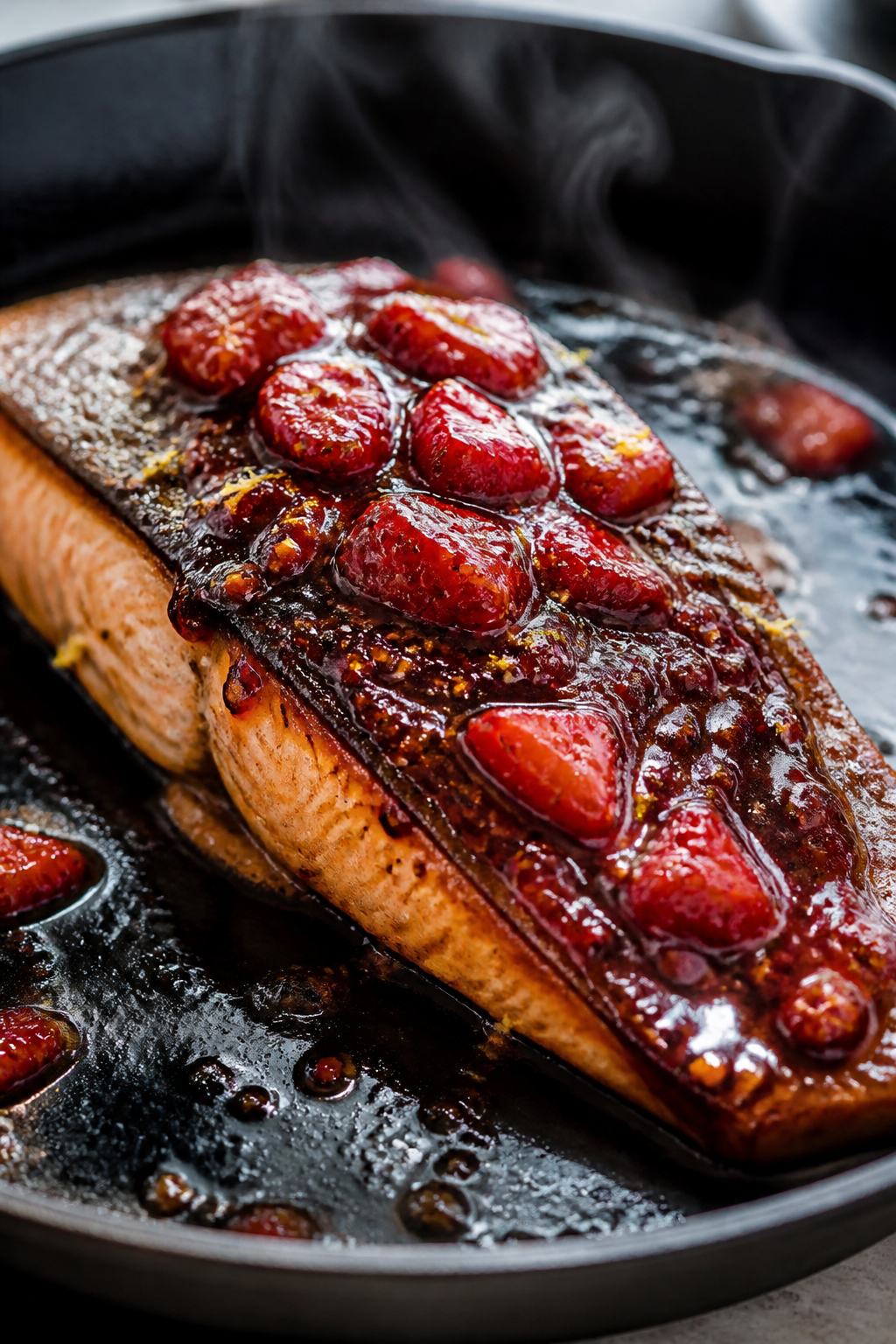 Close-up detail shot: Pan-seared salmon fillet just after flipping in a cast-iron skillet, skin-side