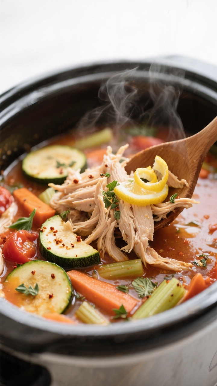 Close-up detail shot: Tender shredded chicken being stirred back into a simmering slow cooker of coo