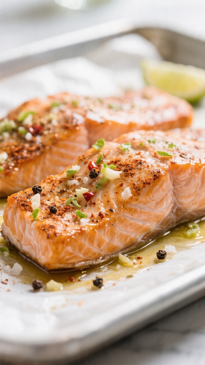 Close-up detail shot: Warm, freshly baked salmon fillet just out of the oven at 400°F, surface glis
