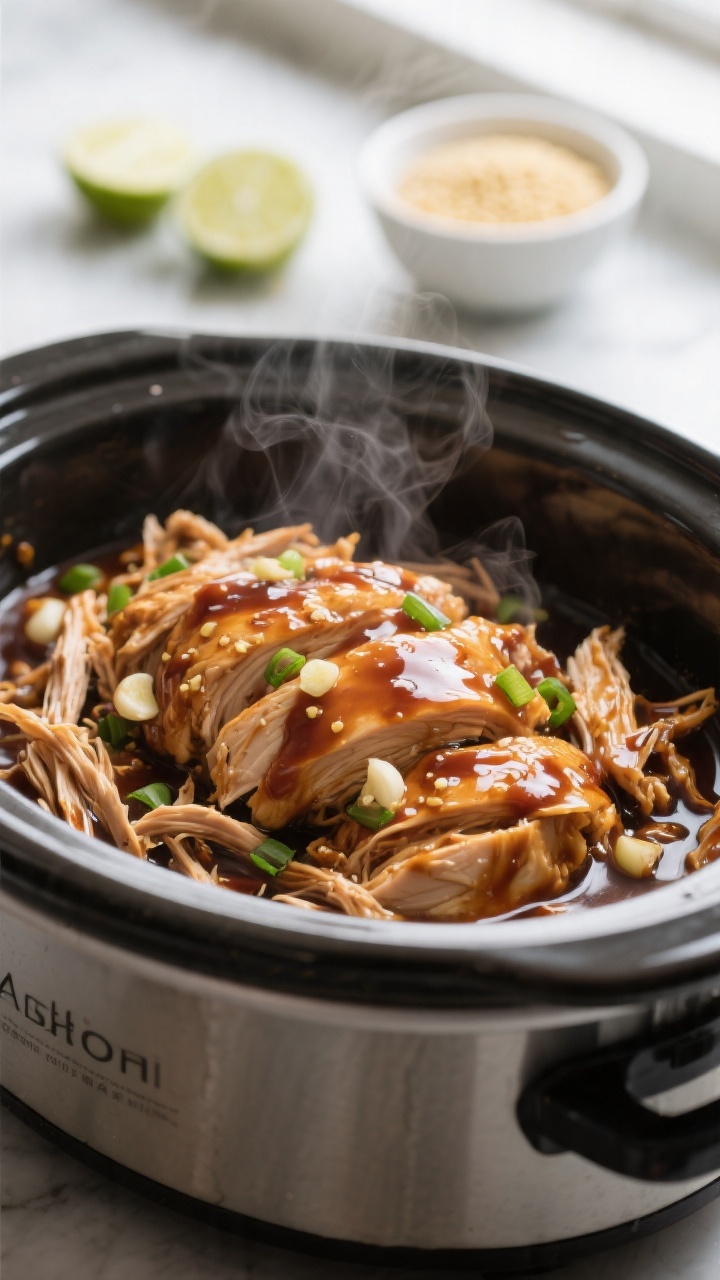 Close-up detail: Shredded slow-cooker Asian chicken glistening in a glossy soy-hoisin sauce inside t