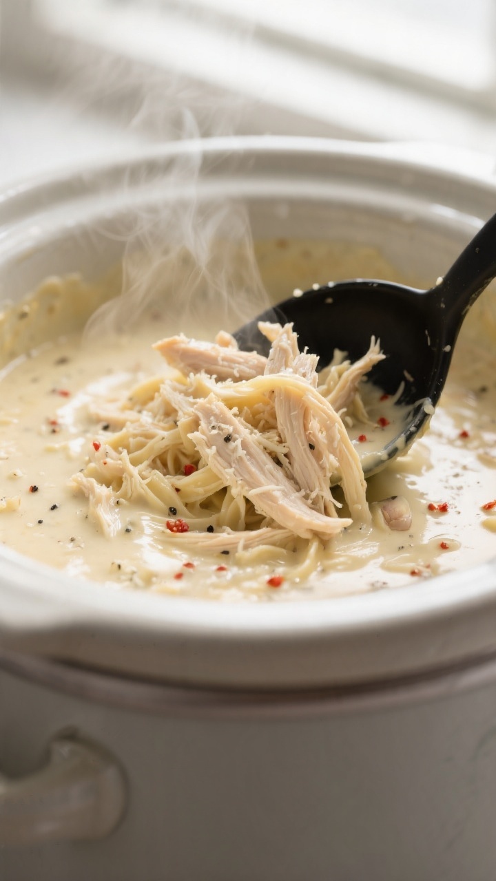 Close-up detail: Shredded slow-cooker chicken being folded back into a glossy Alfredo sauce in the c