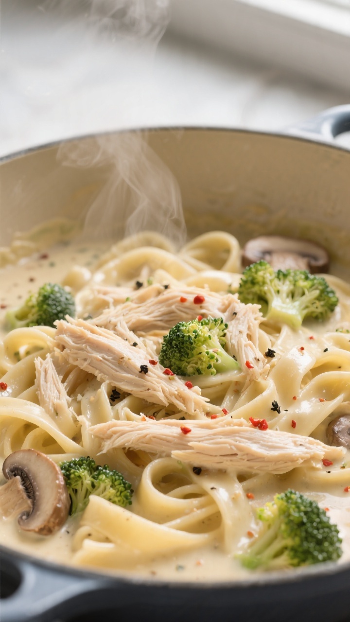 Close-up detail: Shredded slow-cooker chicken folded into a silky, lightly thickened Alfredo base, f