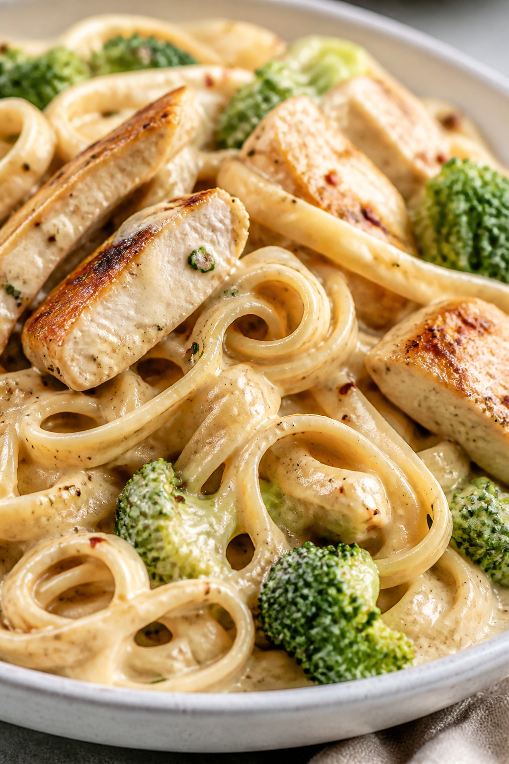 Close-up detail: Silky lighter Alfredo sauce coating twirls of whole-wheat fettuccine, with juicy se
