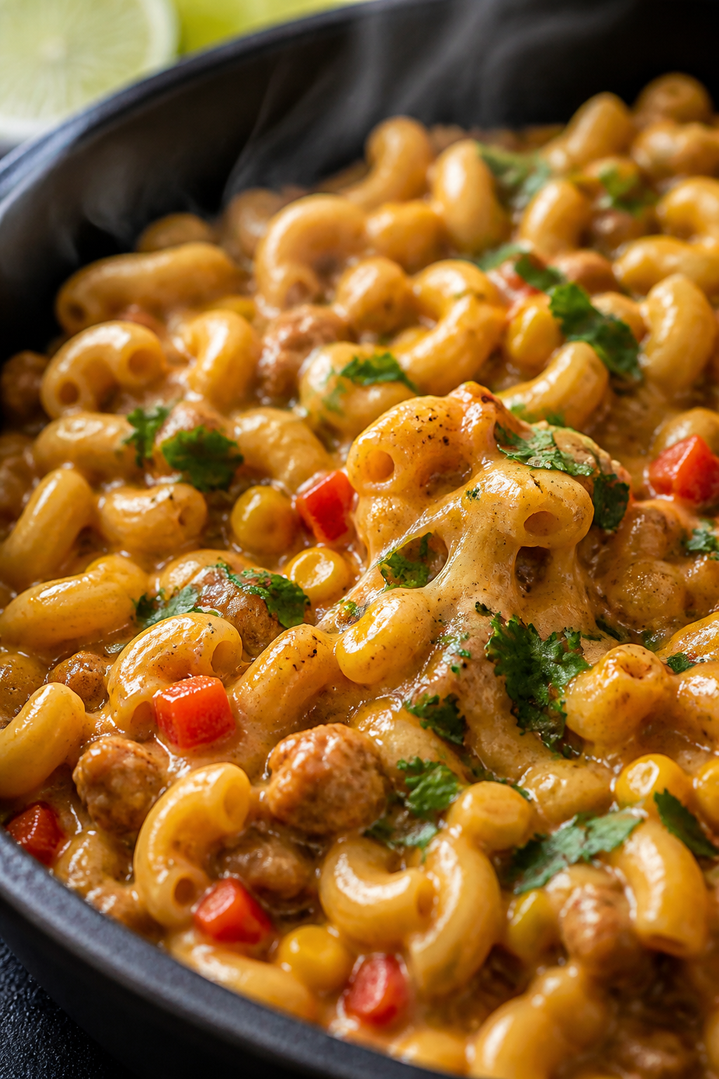 Close-up detail: Silky taco-spiced cheese sauce clinging to al dente whole-wheat elbows with browned