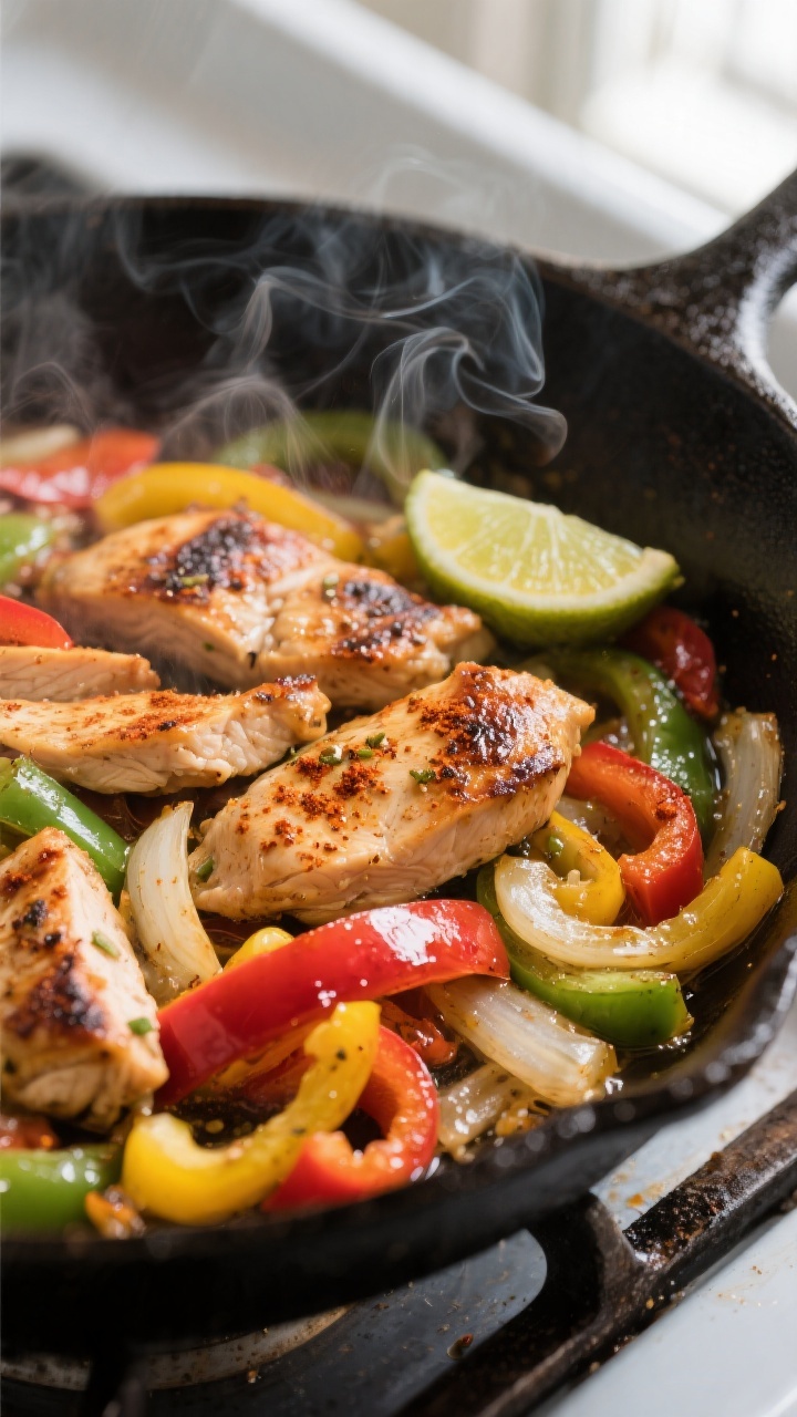 Close-up detail: Sizzling chicken fajitas in a cast-iron skillet mid-cook, showing browned, juicy ch