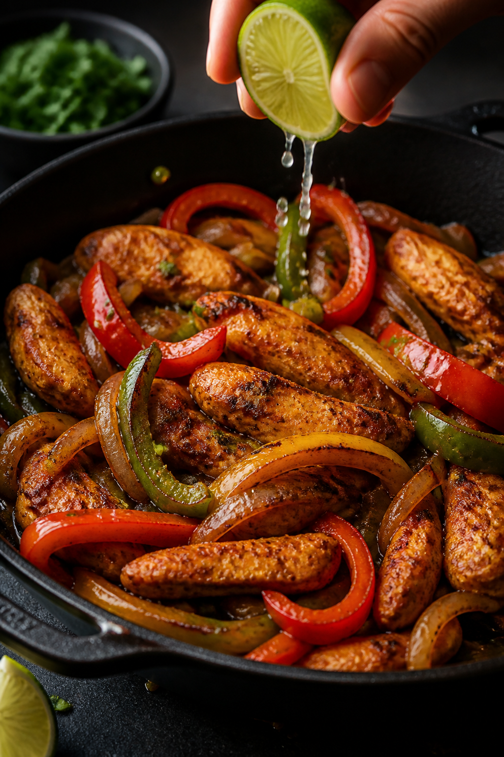 Close-up detail: Sizzling chicken fajitas in a cast-iron skillet mid-cook, showing lightly charred b