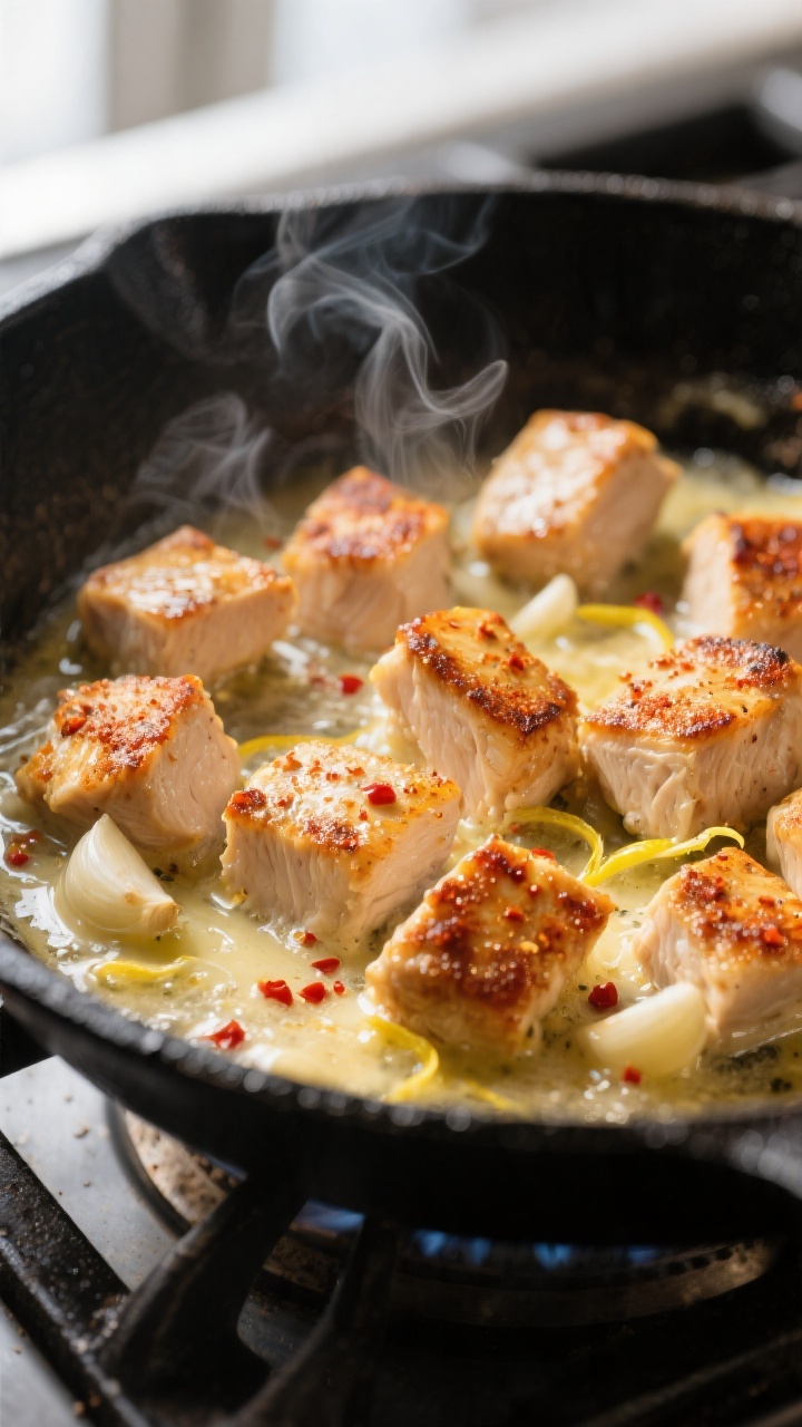 Close-up detail: Sizzling garlic butter chicken bites searing in a black cast-iron skillet, golden-b