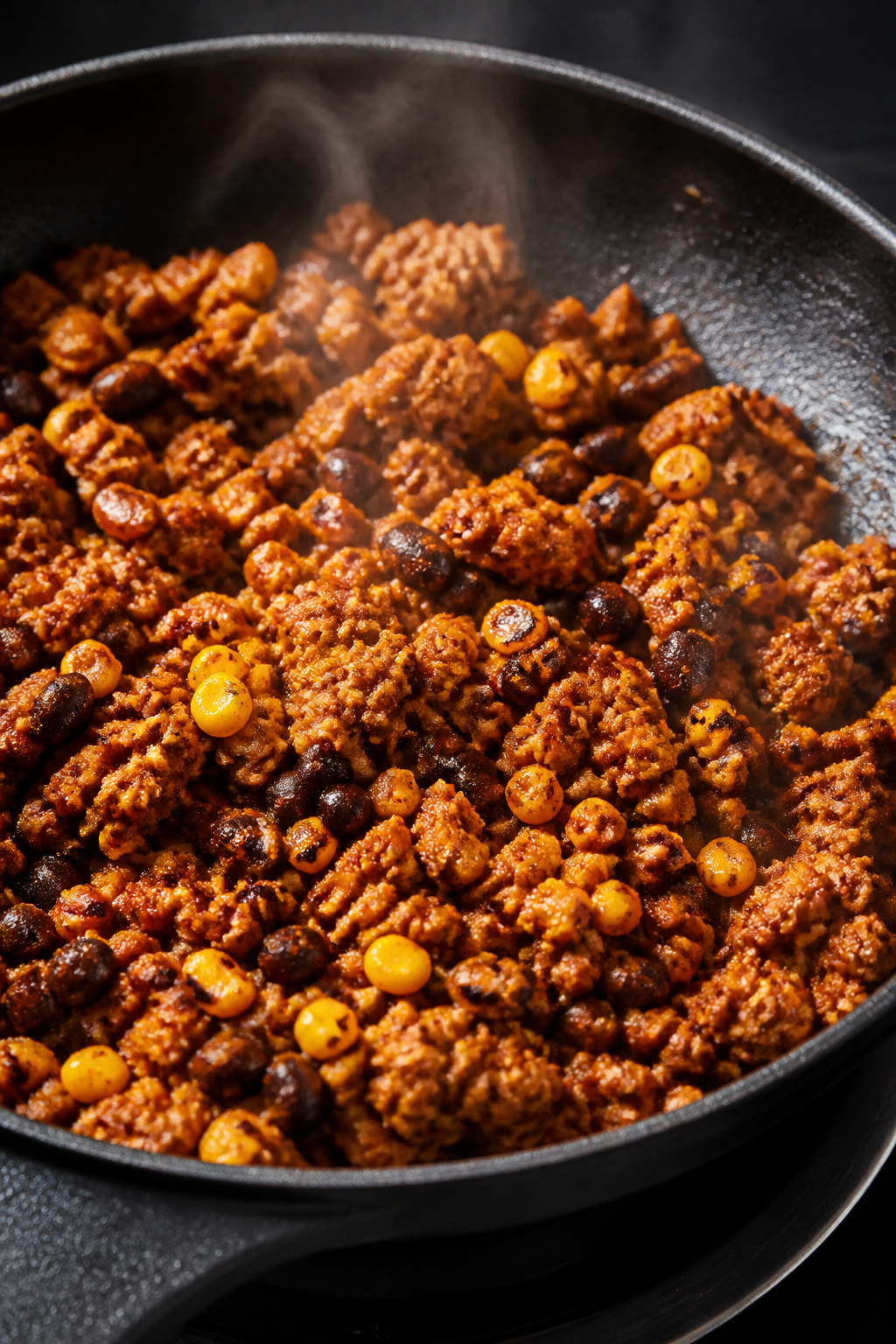 Close-up detail: Sizzling seasoned ground turkey and black beans in a dark skillet, spices blooming