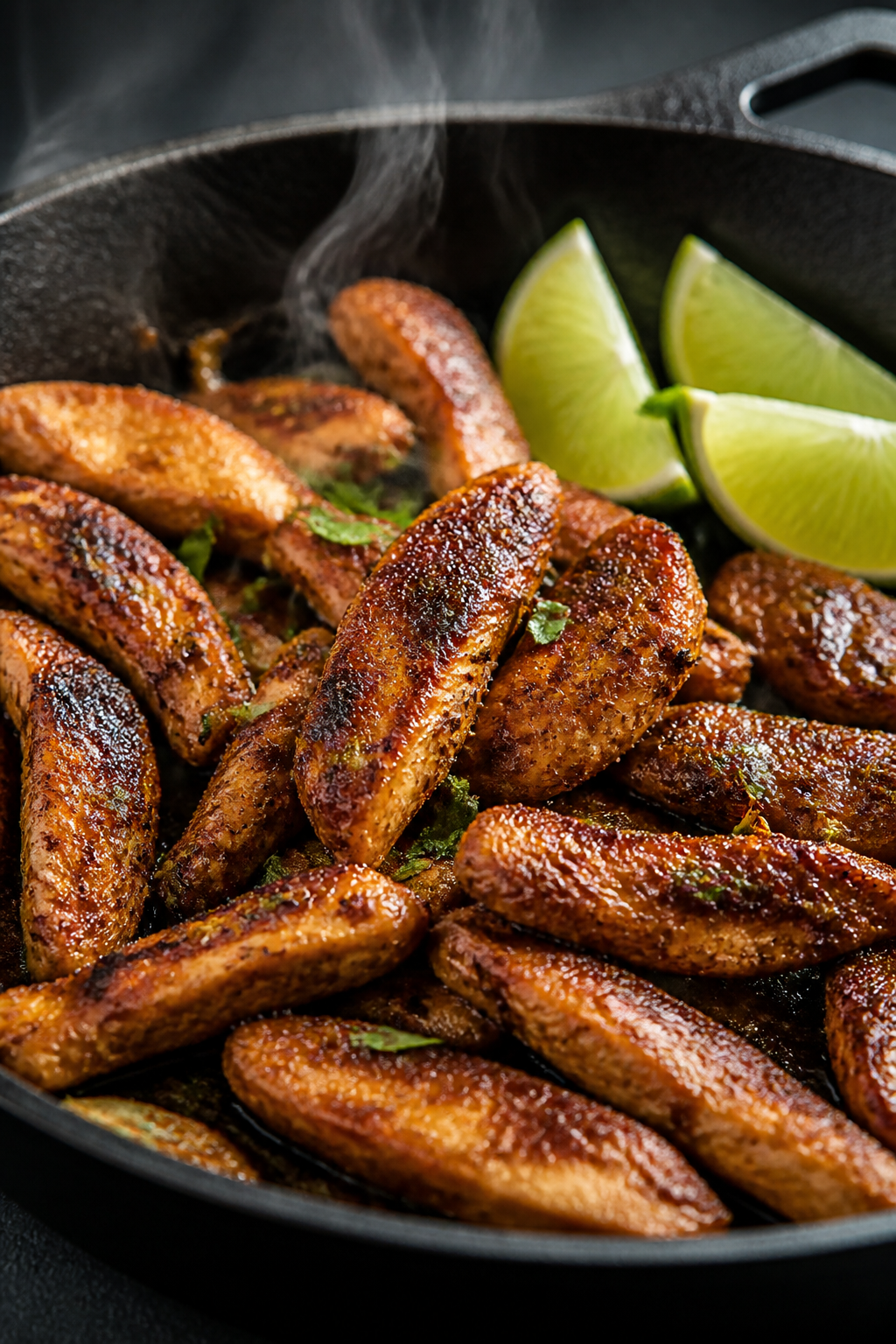 Close-up detail: Sizzling taco-seasoned chicken strips browning in a cast-iron skillet, caramelized 