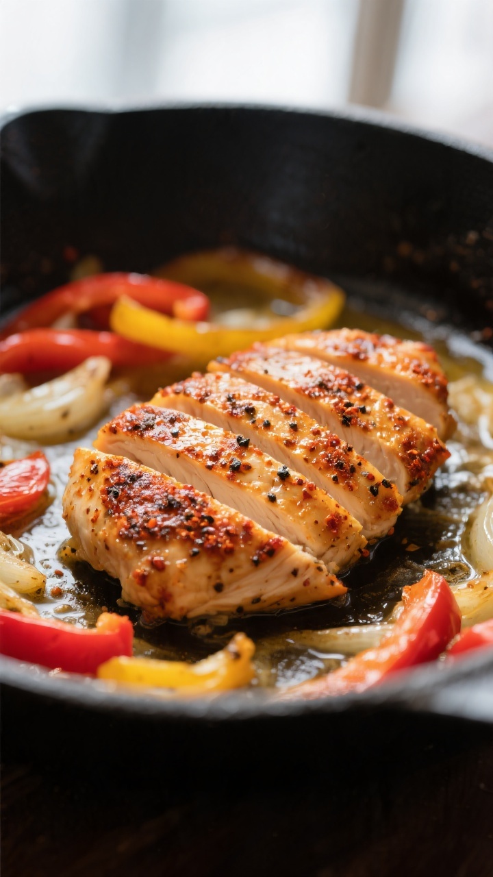 Close-up detail: Sliced Cajun-seasoned chicken just seared to a golden crust in a skillet, glistenin