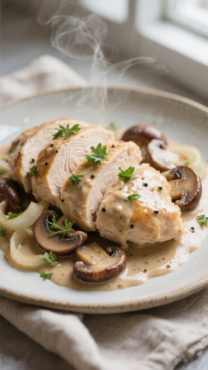 Close-up detail: Sliced chicken breast smothered in silky creamy mushroom sauce, showing tender, jui