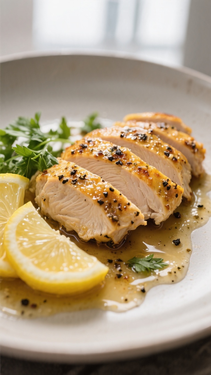 Close-up detail: Sliced crockpot lemon pepper chicken just after a quick skillet sear, showing golde