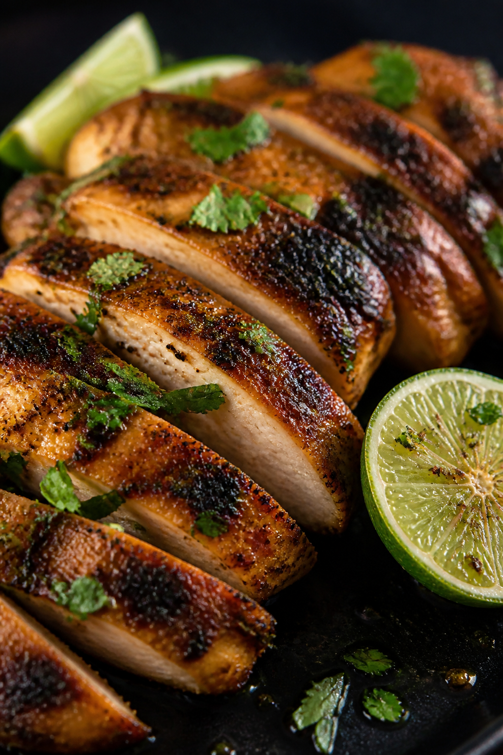 Close-up detail: Sliced lime-marinated chicken just off the grill, golden-brown sear with light char