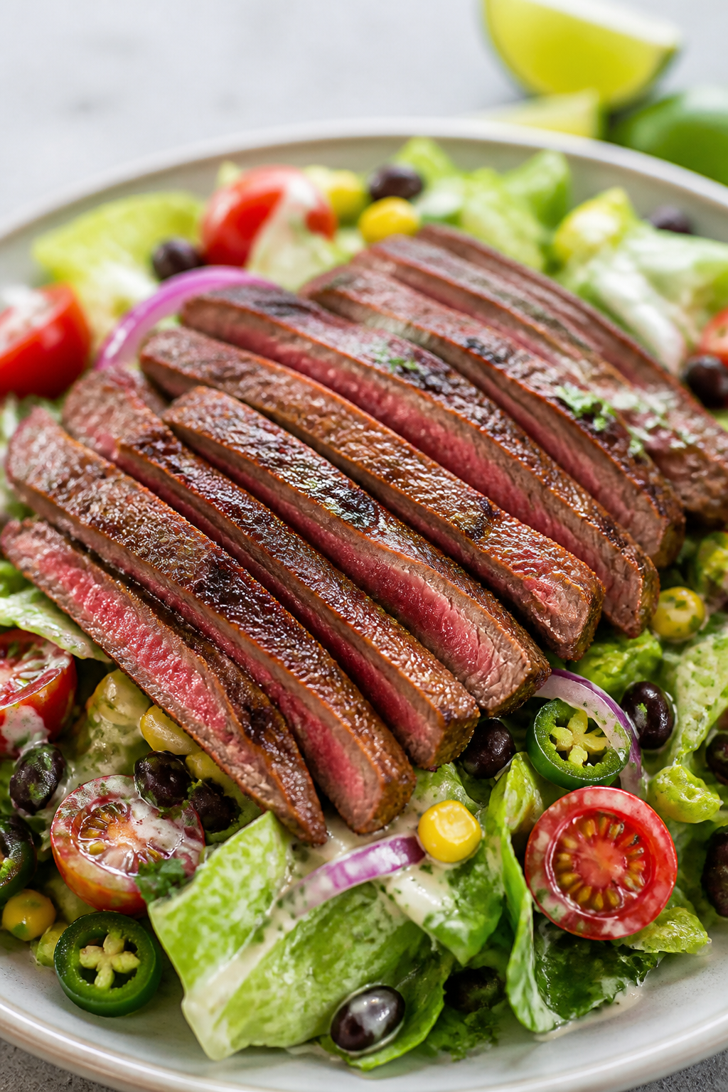 Close-up detail: Sliced medium-rare flank steak just off the grill, fanned over a bed of tossed roma