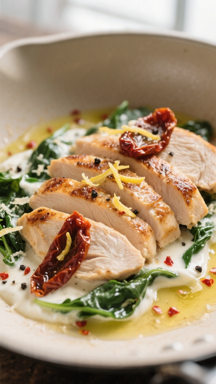 Close-up detail: Sliced seared chicken breasts fanned over creamy Tuscan yogurt-Parmesan sauce with 