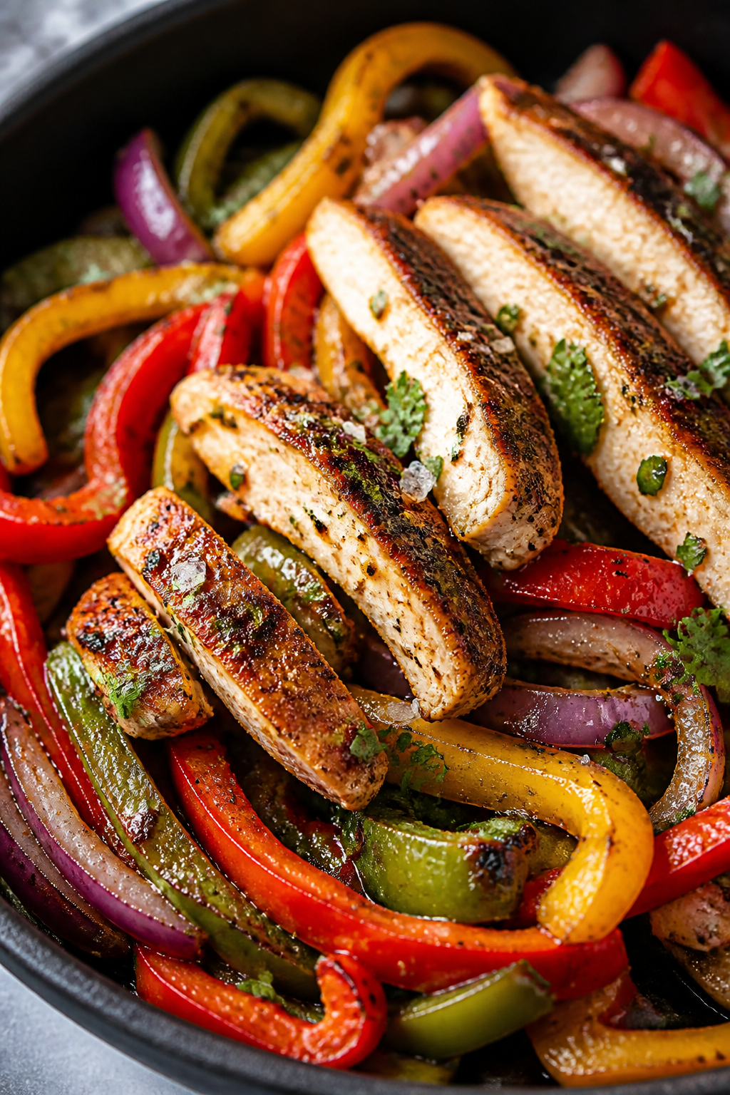 Close-up detail: Sliced seared chicken fajita strips just off the skillet, glistening with olive oil