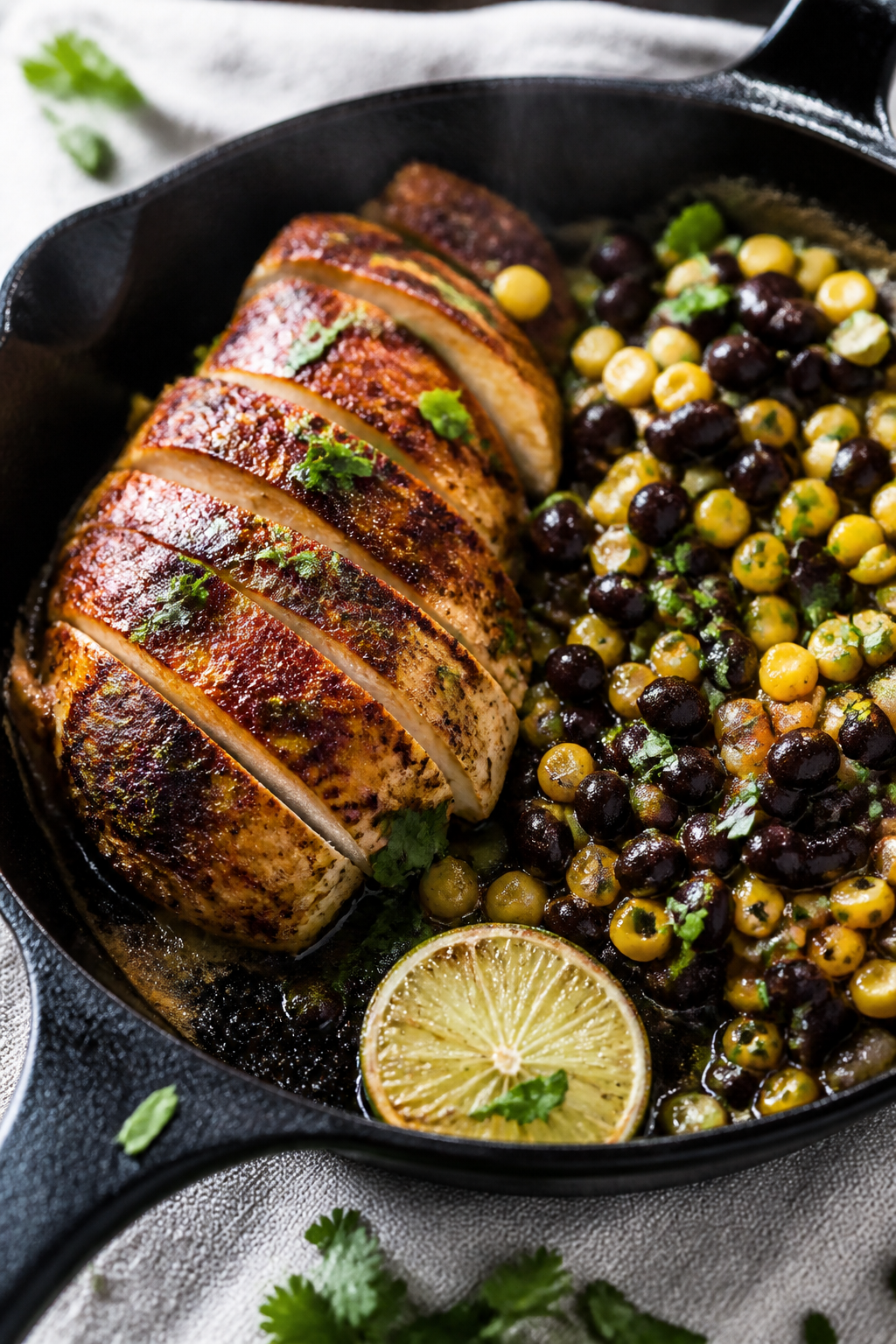 Close-up detail: Sliced, spice-rubbed chicken breast just after searing, glistening with lime juice,