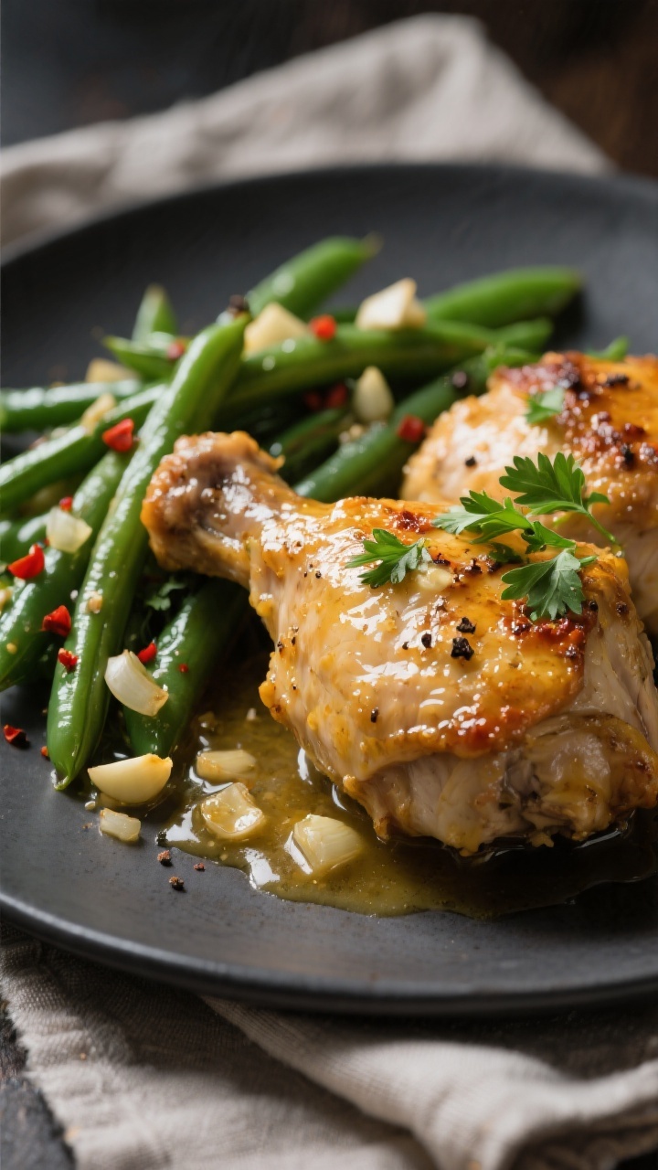 Close-up detail: Slow cooker garlic butter chicken thigh, fully cooked and glistening with golden ga