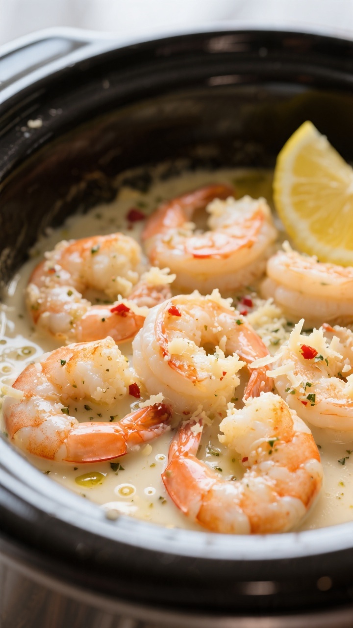 Close-up detail: Slow cooker garlic Parmesan shrimp just finished cooking, shrimp curled into loose 
