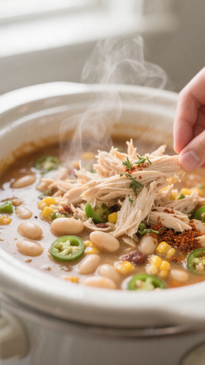 Close-up detail: Slow cooker white bean chicken chili mid-cook, showing shredded chicken being folde