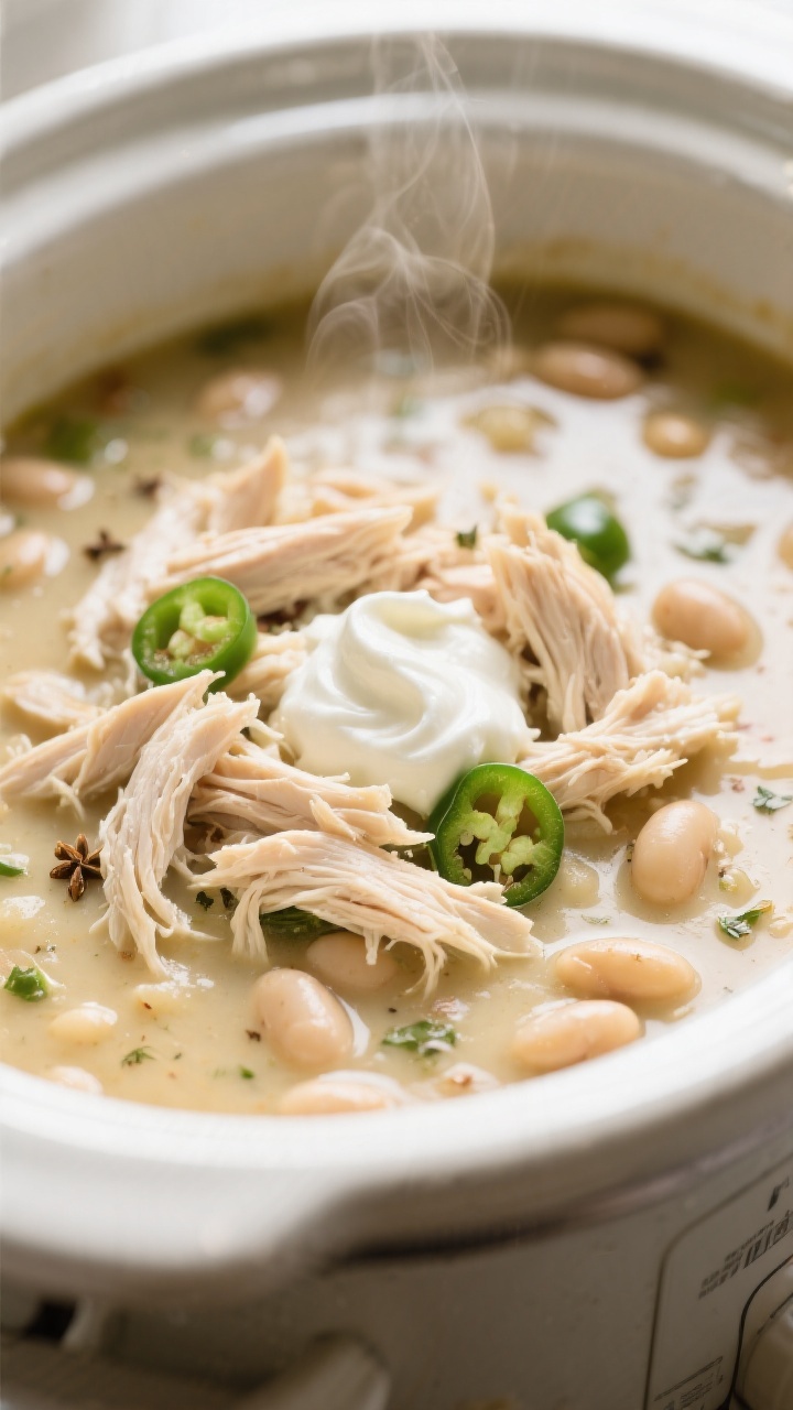 Close-up detail: Slow Cooker White Chicken Chili just after shredding the chicken in the pot—tende