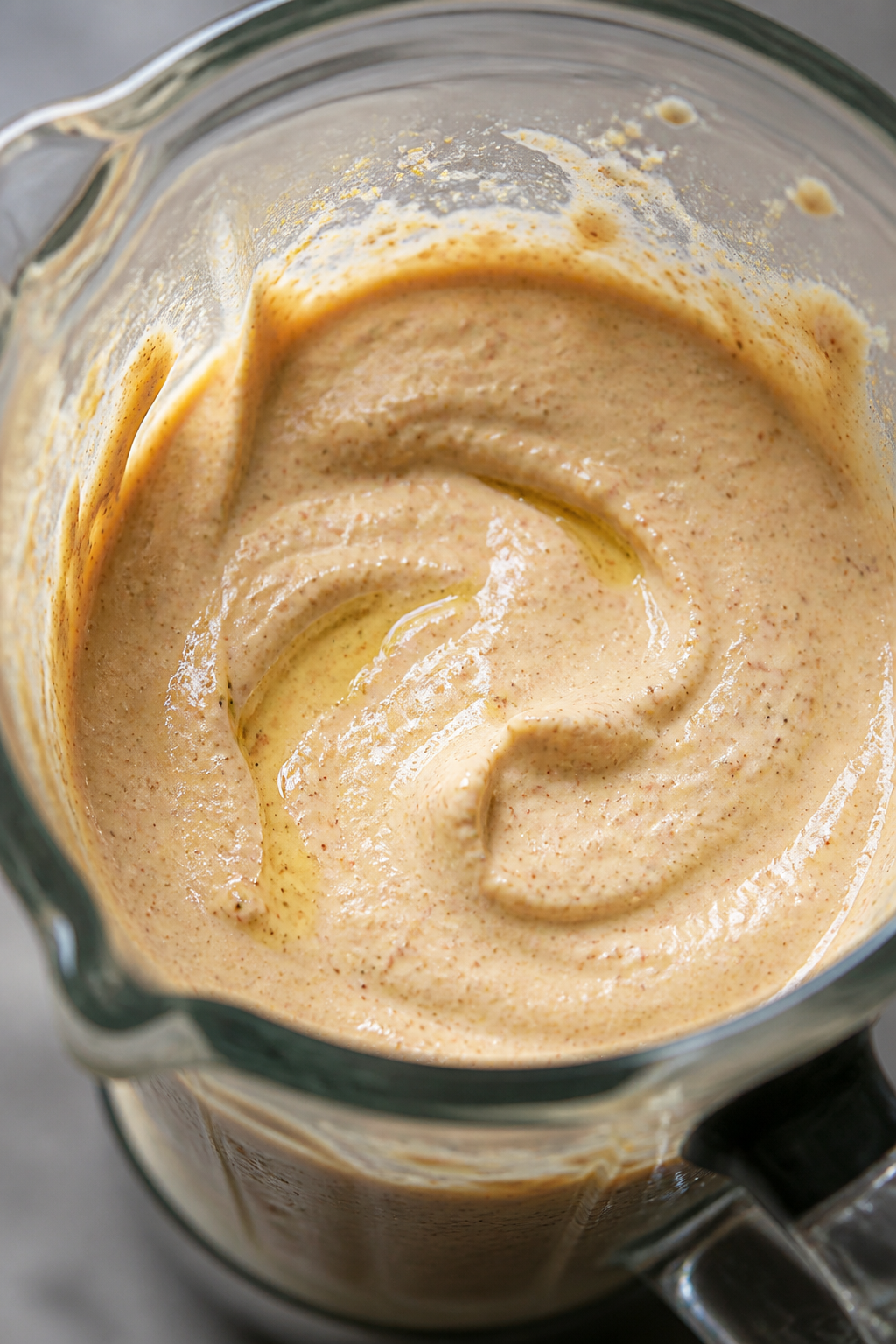 Close-up detail: Smooth, creamy Mexican cottage cheese dip just after blending, captured in a glass