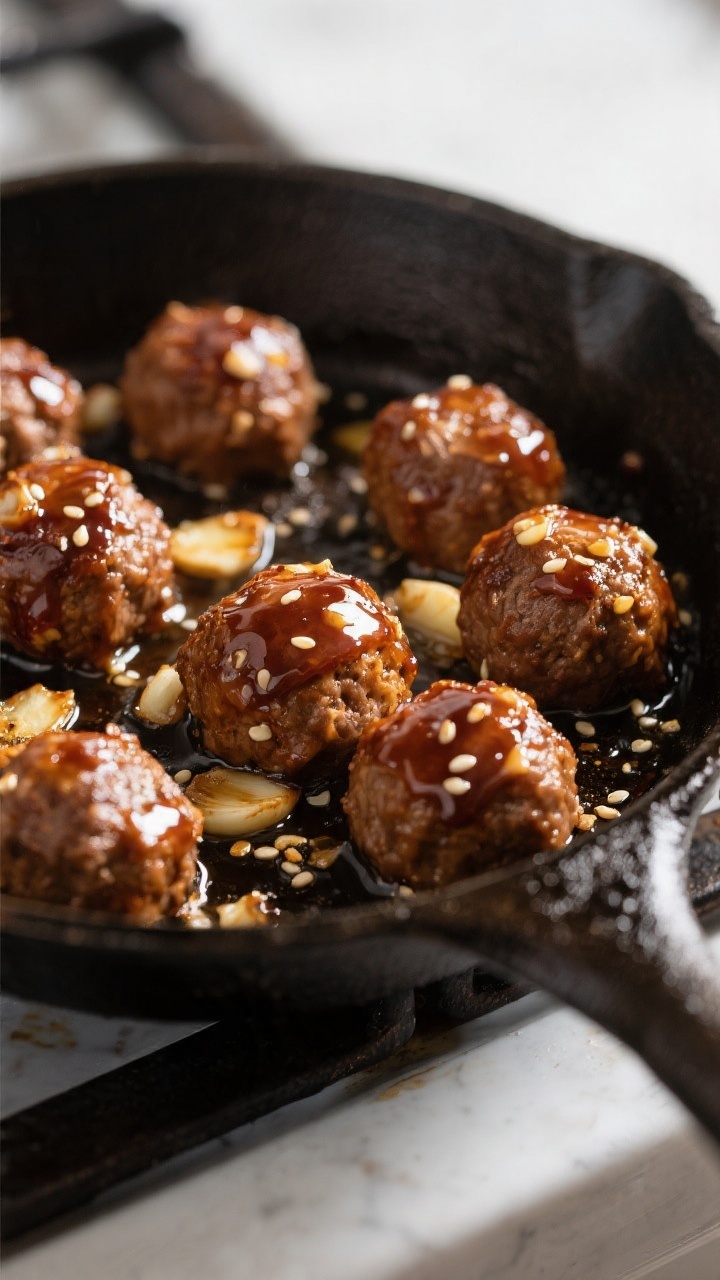 Close-up detail: Sticky honey garlic meatballs sizzling in a cast-iron skillet during the glaze step