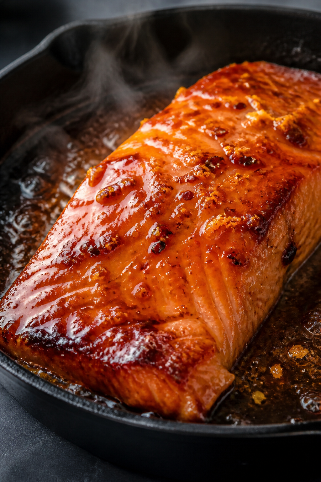 Close-up detail: Sticky orange honey salmon just out of the oven in a black oven-safe skillet, glaze