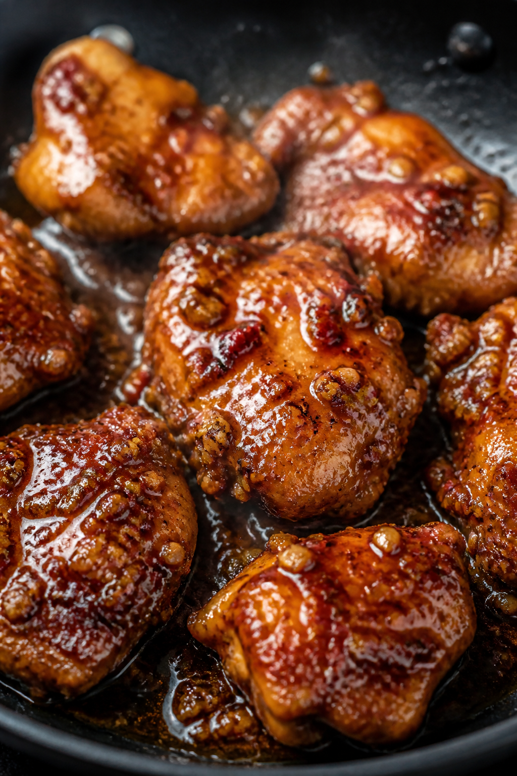 Close-up detail: Sticky spicy honey-glazed chicken thigh pieces sizzling in a skillet, sauce just th