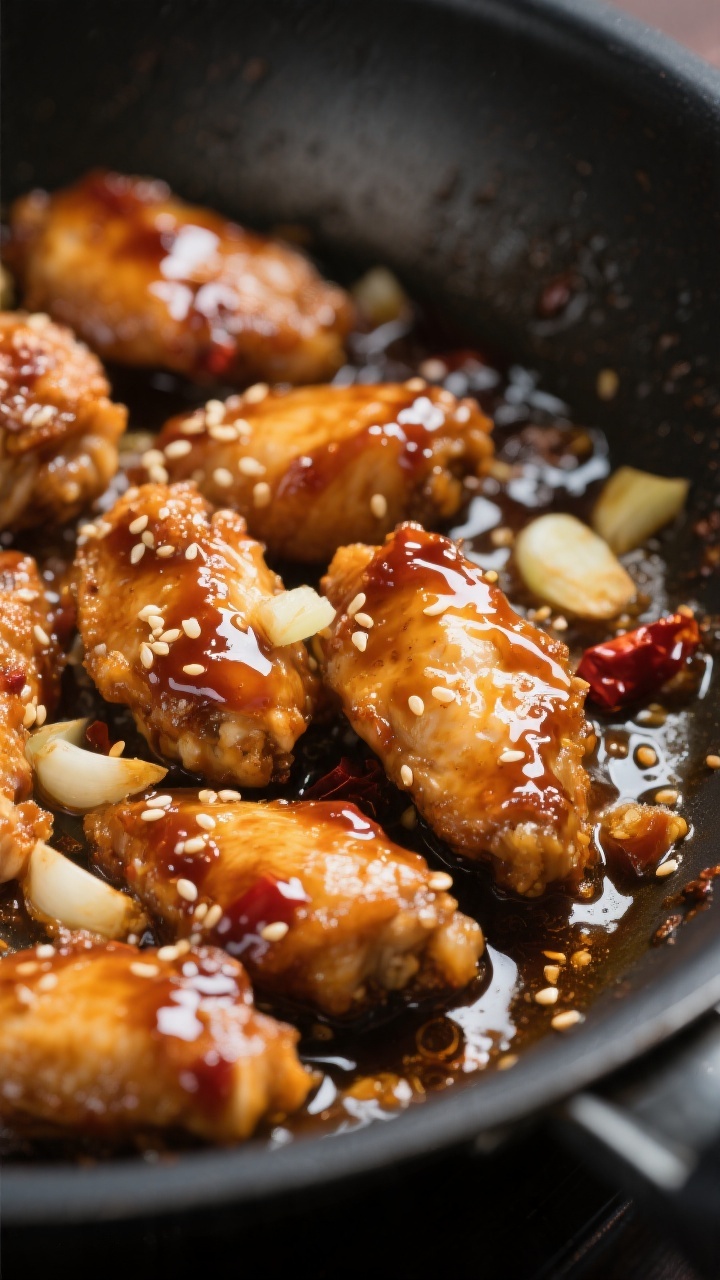Close-up detail: Sticky sweet chili chicken pieces sizzling in a skillet mid-glaze, sauce bubbling a