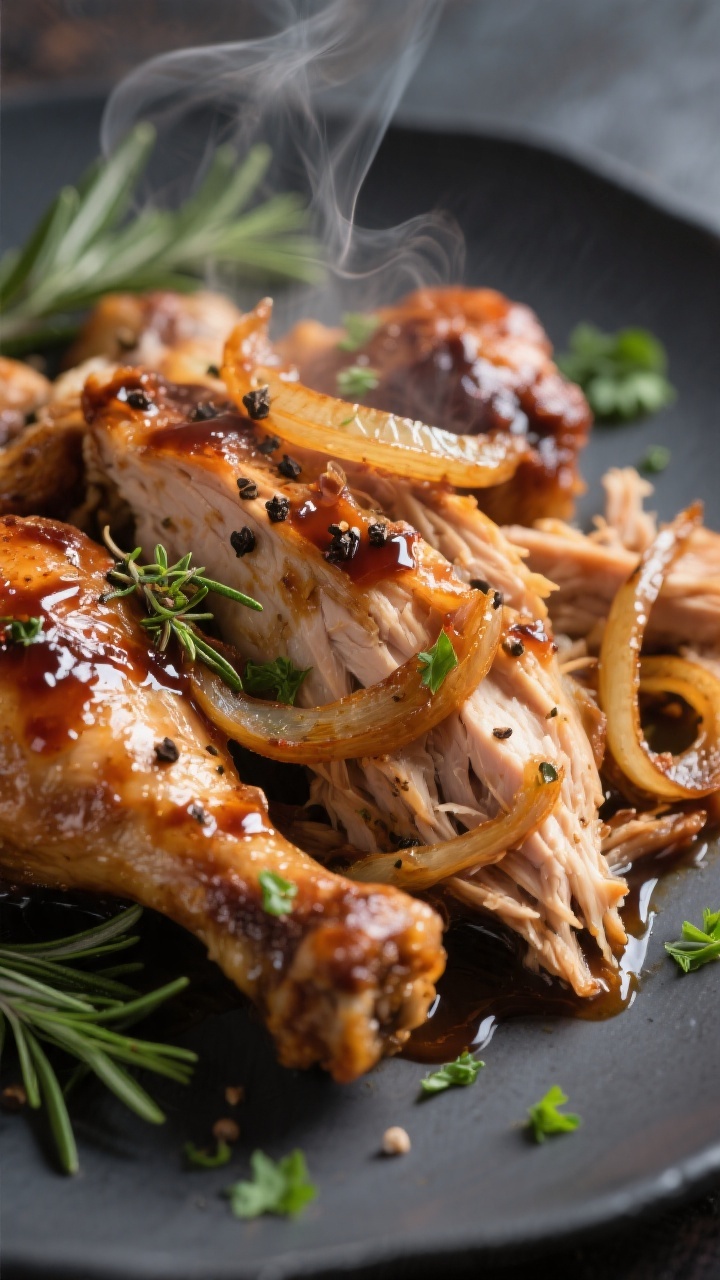 Close-up detail: Tender crockpot balsamic chicken thighs just shredded into large, juicy chunks, gli