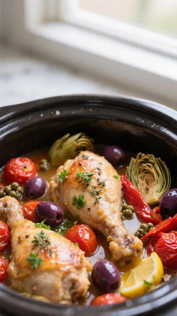 Close-up detail: Tender Crockpot Mediterranean Chicken just after cooking, thighs glistening in a li