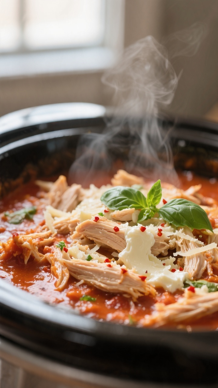 Close-up detail: Tender shredded chicken folded back into a silky, creamy tomato-basil sauce in the 