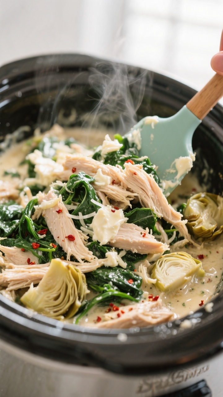 Close-up detail: Tender shredded crockpot spinach artichoke chicken being folded together in the slo