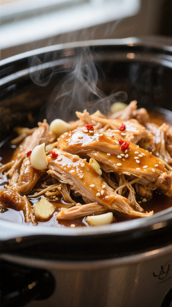 Close-up detail: Tender shredded honey garlic chicken glistening in a glossy, thickened sauce inside