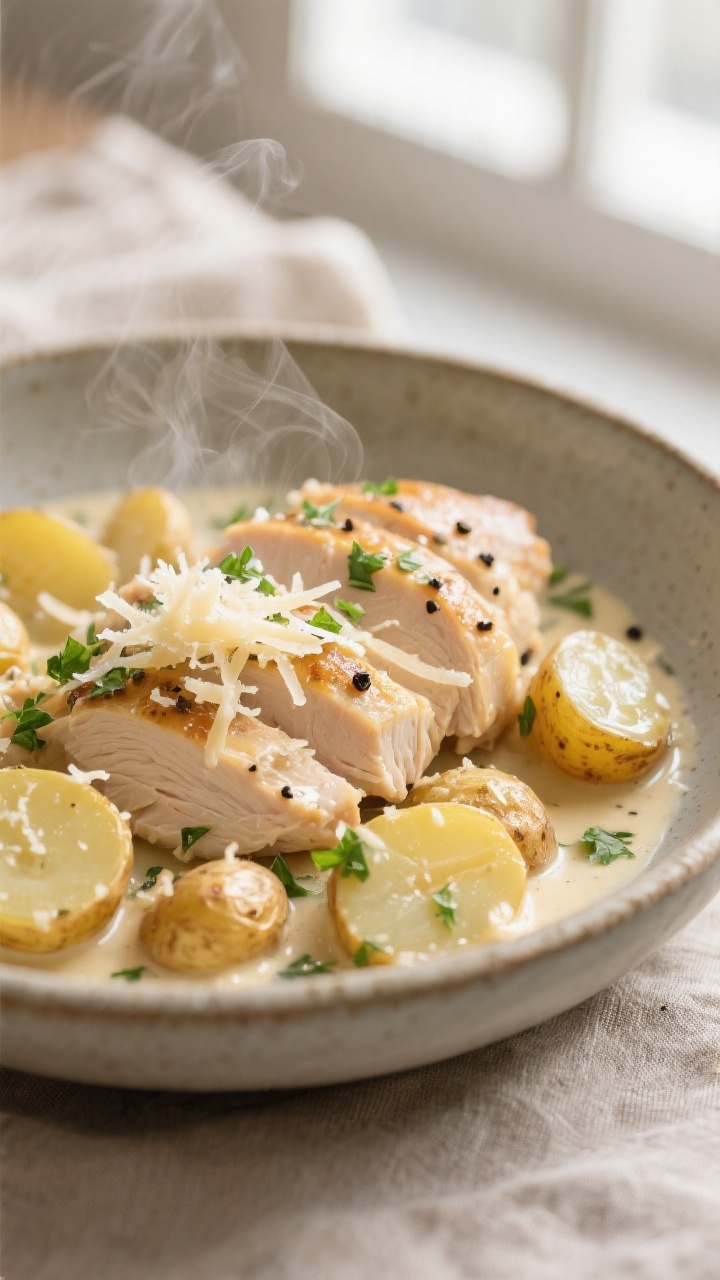 Close-up detail: Tender sliced chicken breast nestled over creamy halved baby gold potatoes, all coa