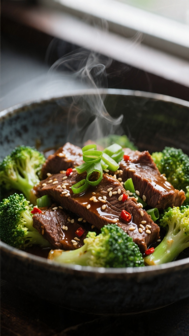 Close-up detail: Tender slices of slow-cooked beef coated in a glossy, thickened soy-garlic-ginger s