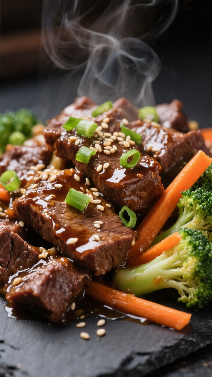 Close-up detail: Tender slices of slow-cooked Mongolian beef glistening in a glossy soy-ginger-garli