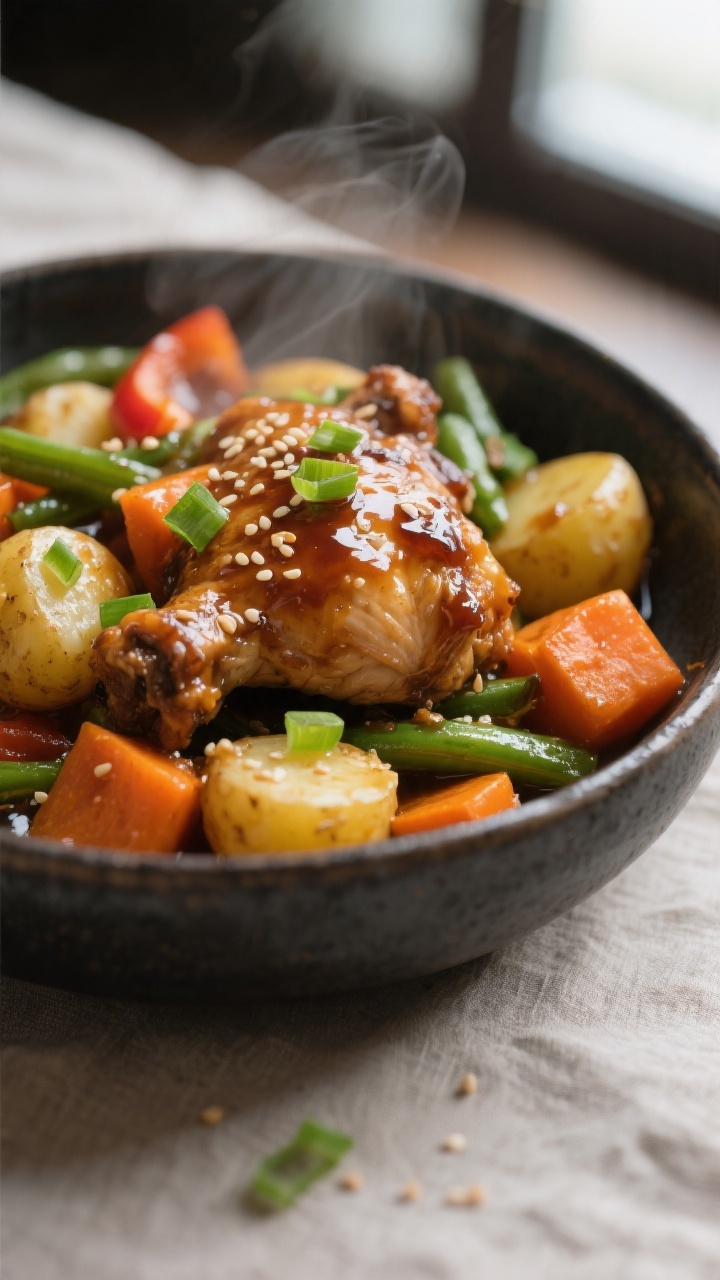 Close-up detail: Tender slow-cooked chicken thighs glazed in glossy honey-garlic soy sauce, nestled 