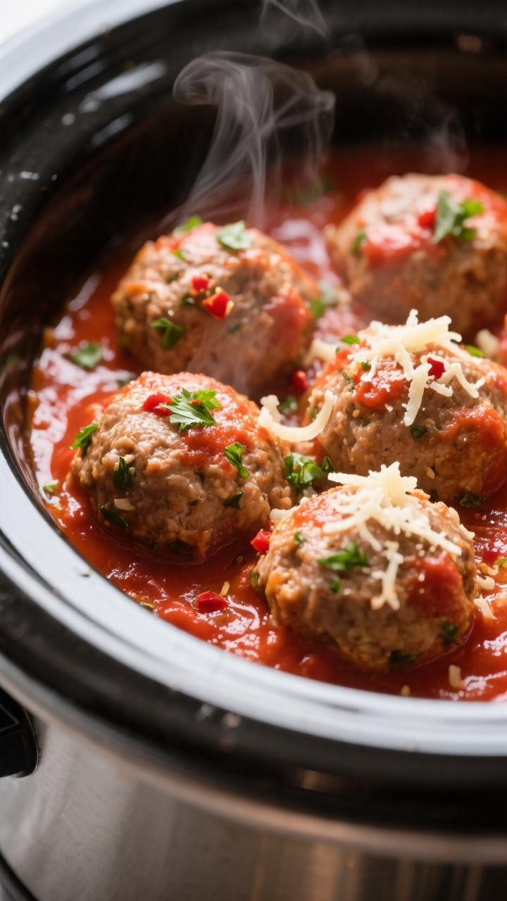 Close-up detail: Tender slow-cooker turkey meatballs just finished cooking, nestled in a glossy brig
