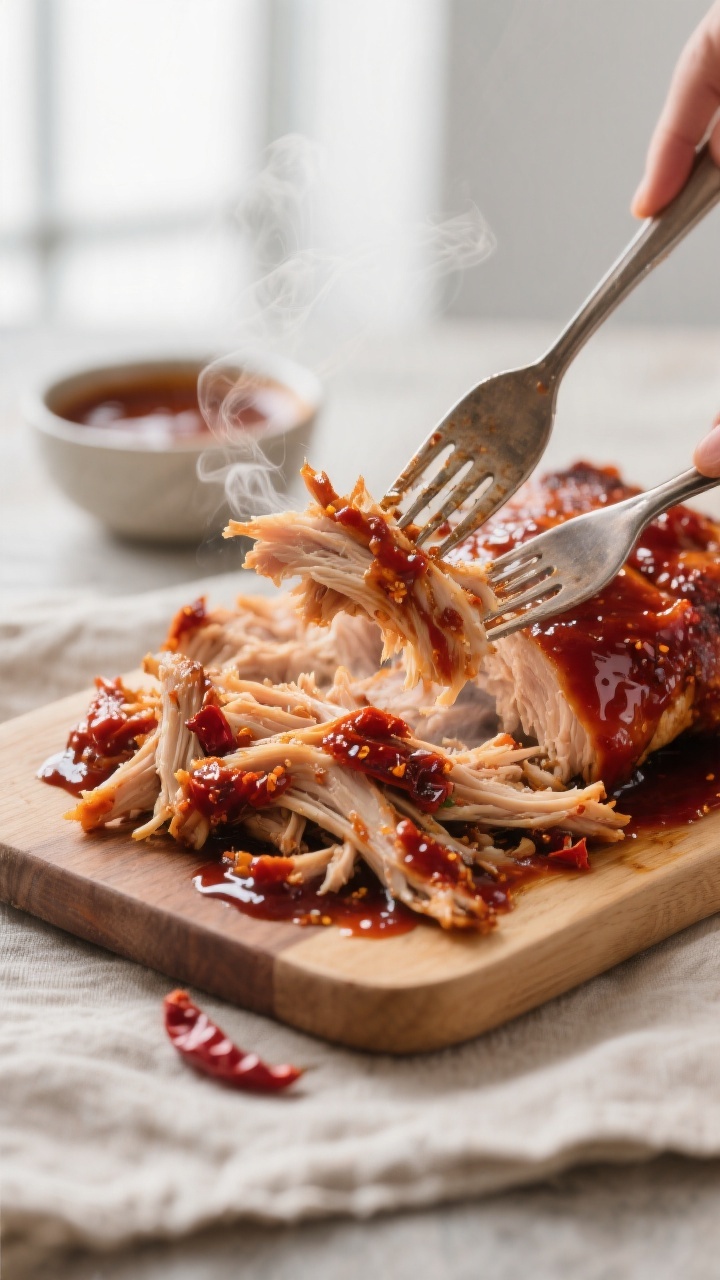 Close-up detail: Tender strands of slow-cooker BBQ pulled chicken being shredded with two forks on a