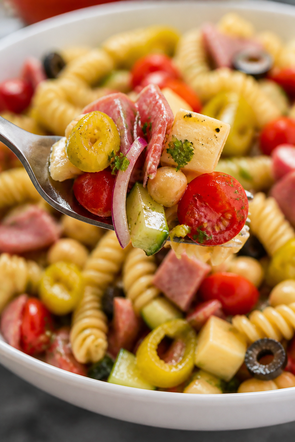 Close-up detail, : Tossed Italian sub pasta salad in a wide, white mixing bowl, glistening with vina
