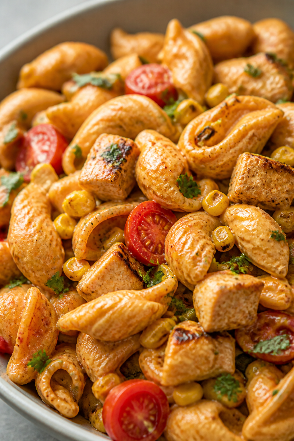 Close-up detail: Twisted high-protein pasta shells coated in silky chipotle-Greek-yogurt dressing, s
