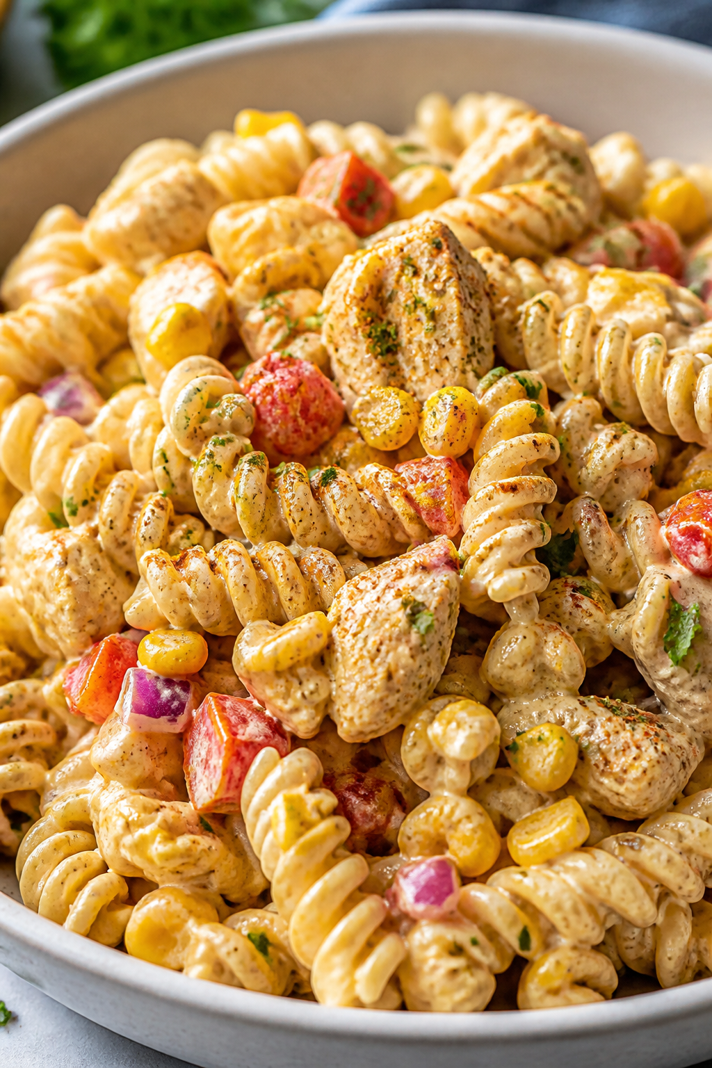 Close-up detail — Twisty rotini coated in ultra-creamy Cajun ranch dressing, with juicy diced chic