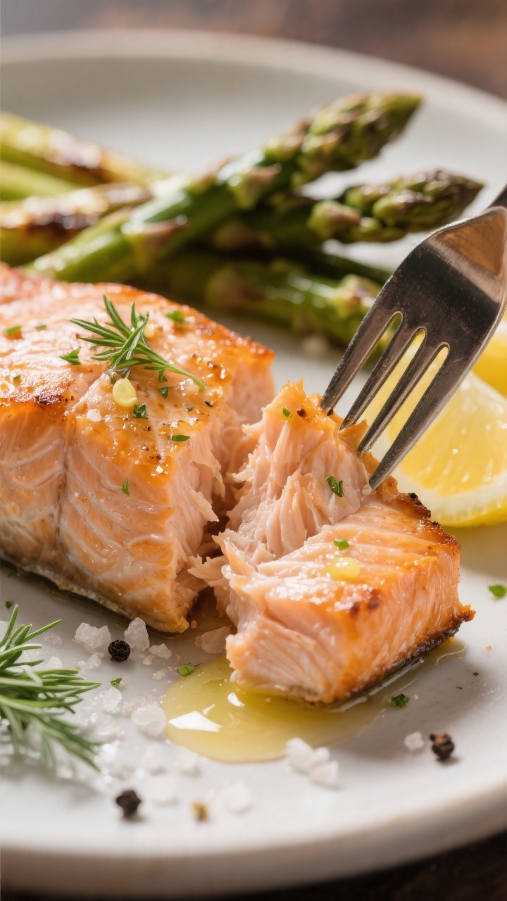 Close-up detail: Ultra-close shot of a just-baked salmon fillet being flaked with a fork, showing mo