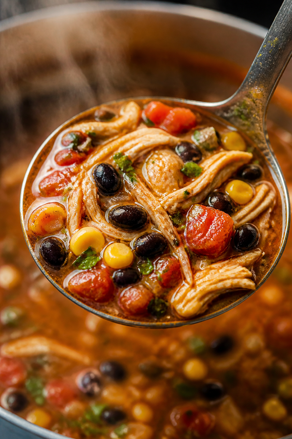 Close-up detail: Ultra-close shot of a ladle lifting the finished soup, showcasing tender shredded c